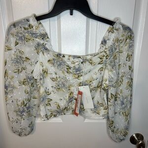 NWT Lush White and Sage Dot Floral Dainty Babydoll Coquette Blouse